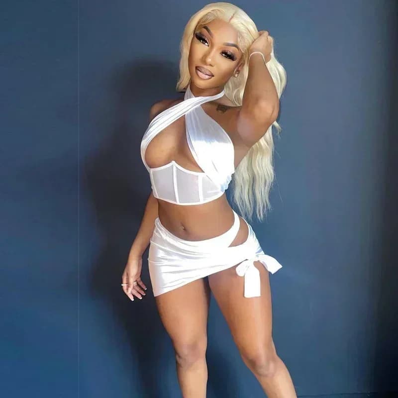 GUWU Set di Abiti Sexy da Club e Festa in Due Pezzi 2024, Abbigliamento Rave, Completo Donna con Top in Raso e Minigonna