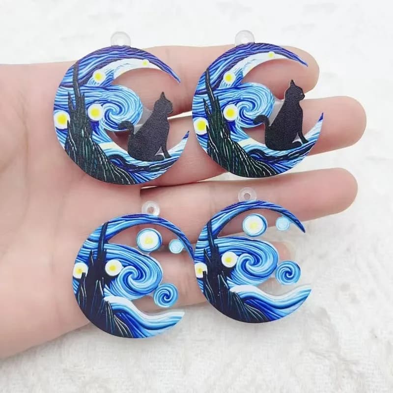 10pcs Cross border Hot selling Acrylic Earrings with Van Gogh Starry Sky Pattern Fashion Black Cat Acrylic Pendant DIY Jewelry A
