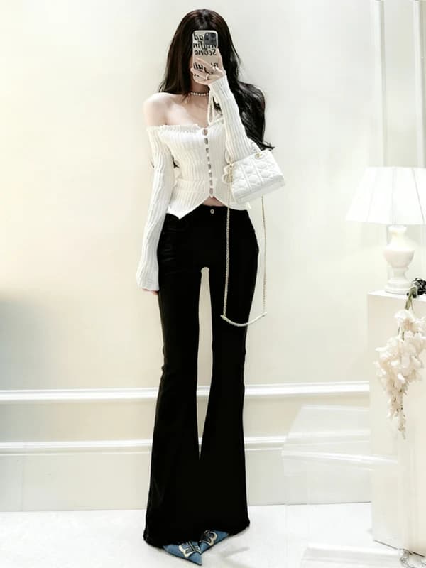 High Waist Flared Jeans Bootcut Pants Thickened Fleece Lined Elastic Slim Fit Black Denim Trousers Women's Autumn Winter Fashion