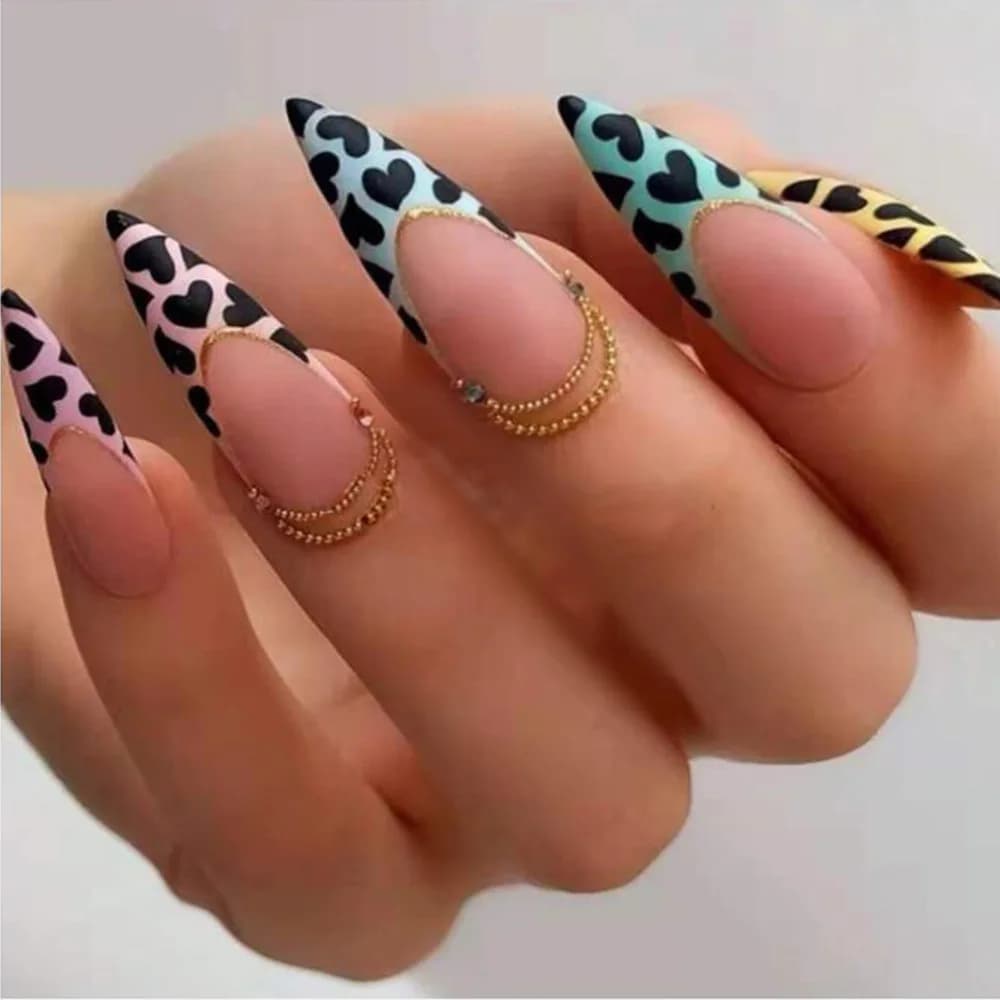 Set di 24 Unghie Finte Lunghe a Stiletto con Copertura Completa, Design a Pois, Unghie Finte Nere e Bianche, Unghie a Mandorla Press-on