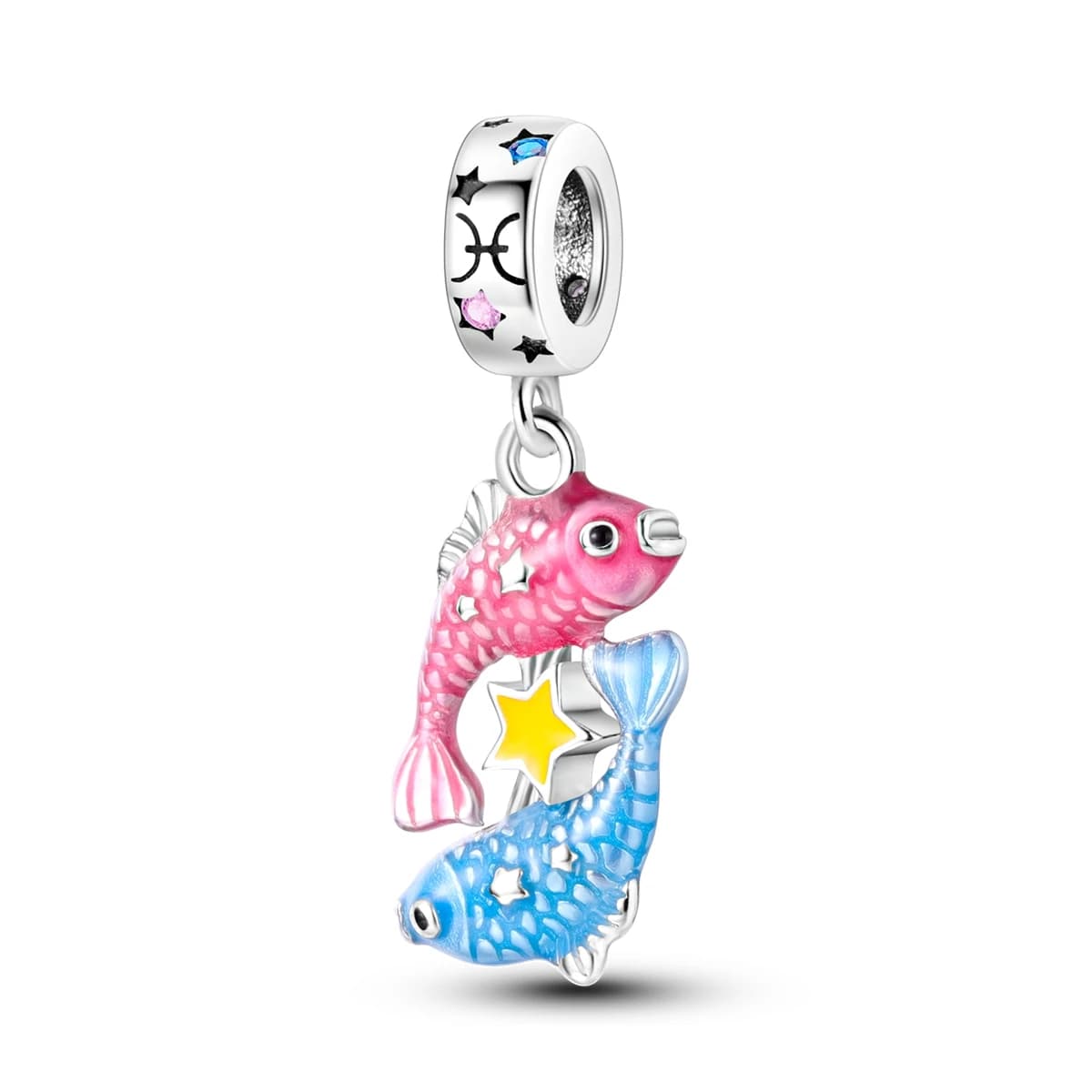 Silver 925 Sterling Silver Fish Zodiacal Pendants with Blue Pink enamel and Star Cubic Zirconia, Compatible with Bracelets and Necklaces, Fa-da-Te Jewelry for Women