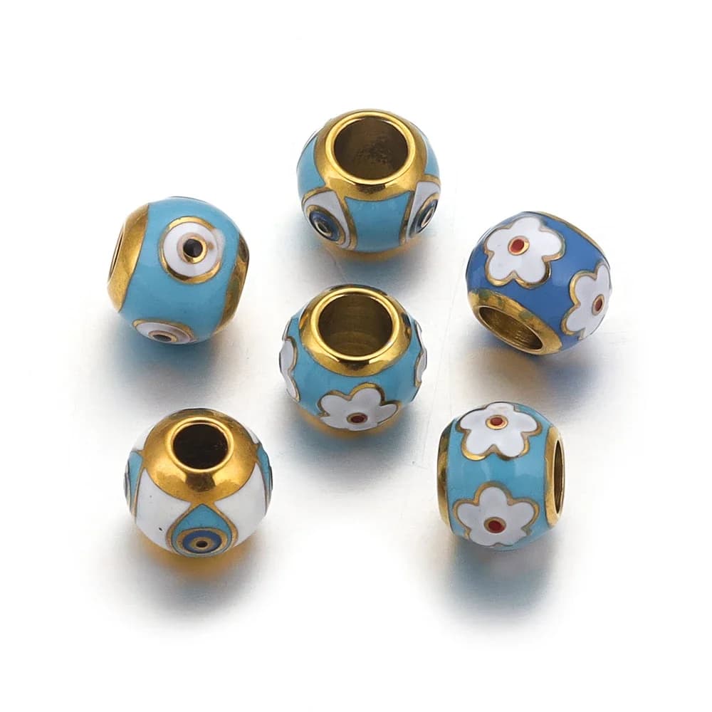 5 pezzi di perline di fascino malocchio in acciaio inossidabile con foro grande, perline distanziatrici allentate in cristallo per braccialetti fai da te, collane, forniture per la creazione di gioielli