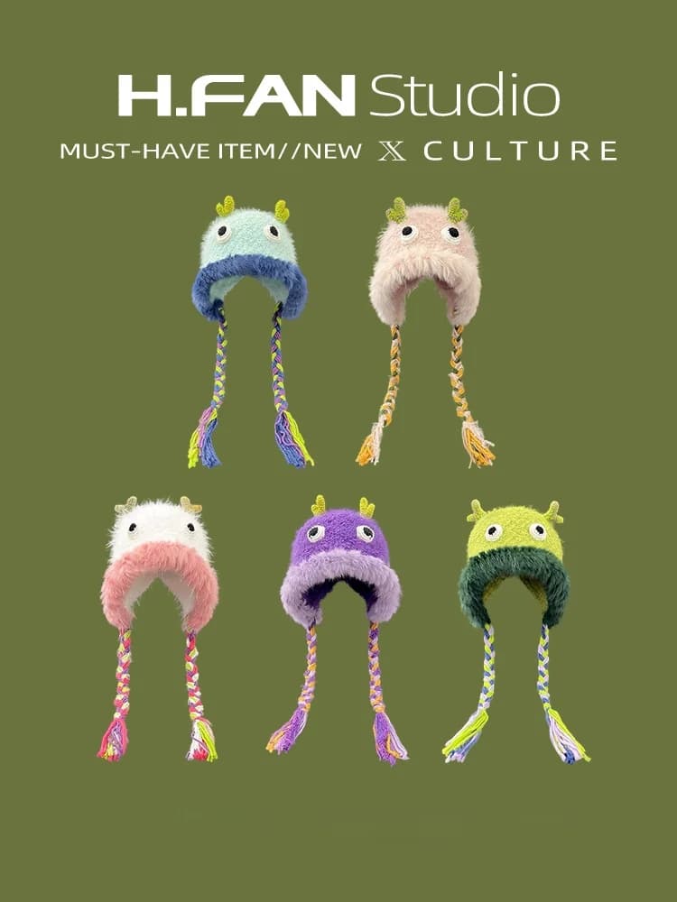 Cute Monster Cartoon Knitted Woolen Hat Women's Winter Warm Overhead Tied Ear Protection Scarf Hat Sweet Lovely Style