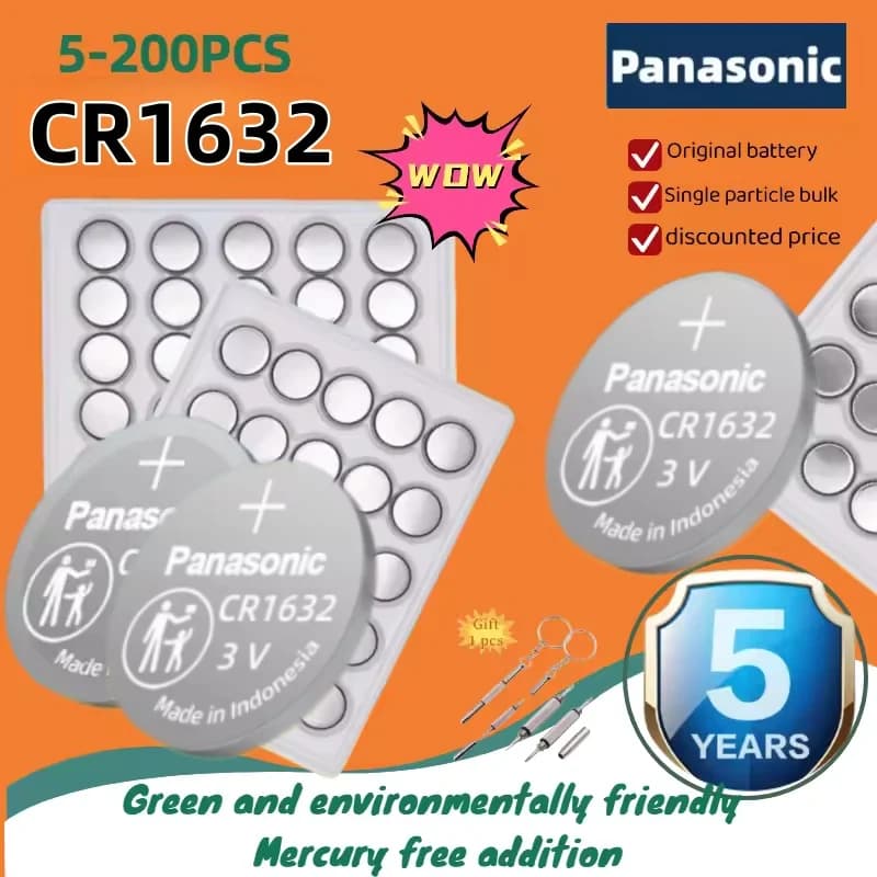 Batteria al litio Panasonic 3V CR1632 (1632, DL1632, BR1632, KCR1632) da 5-200 pezzi per telecomandi auto, orologi e pulsanti a bottone