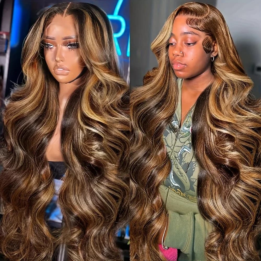 P4/27 Highlight Brown Body Wave 13x6 Human Hair Wig Honey Blonde Colored 13x4 HD Lace PrePlucked 40 46 Inch Wigs For Women