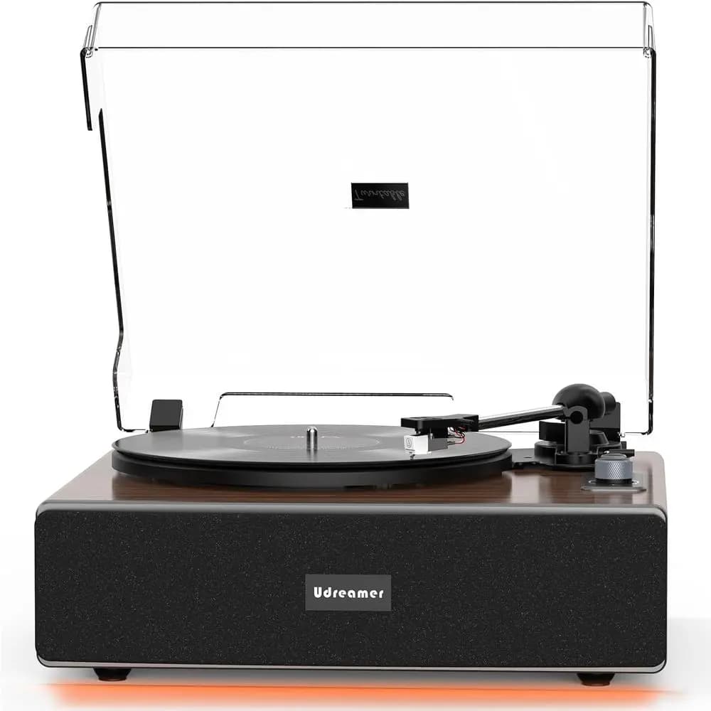 Giradischi All-in-One con Bluetooth, Altoparlanti Integrati, Arresto Automatico, Illuminazione Regolabile, Trasmissione a Cinghia 33/45 RPM
