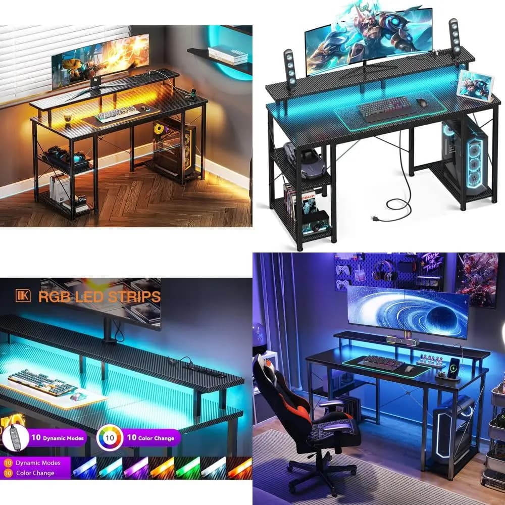 Scrivania da Gaming con 48 LED, Prese di Corrente, in Fibra di Carbonio Nera, Supporto Monitor e Ripiani Portaoggetti