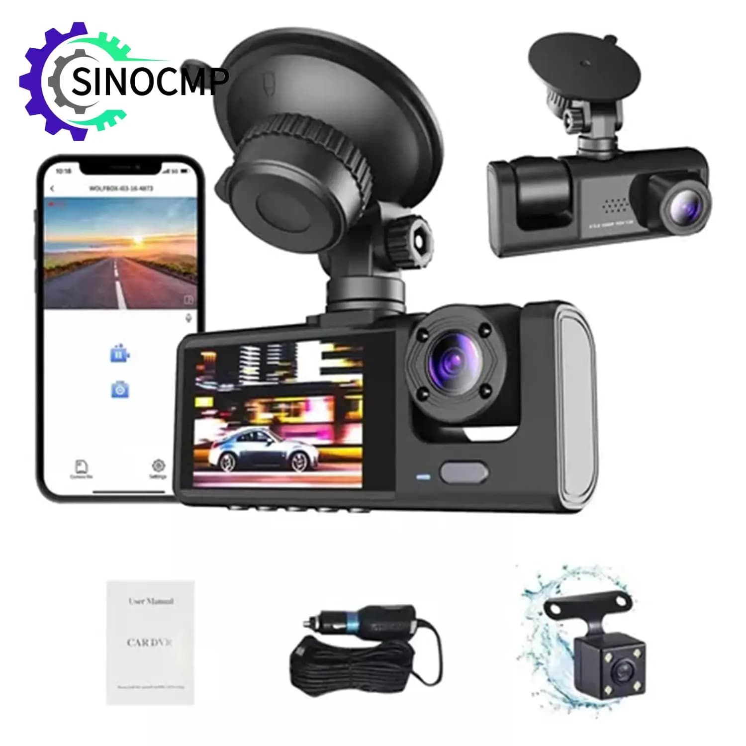 DVR per auto S1 Dash Cam 2 "Schermo HD 1080P 3 telecamere + WiFi anteriore/posteriore/in visione notturna per auto per parti del sistema di videoregistratore per auto 12V