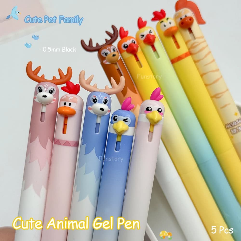 Set di 5 Penne Gel a Forma di Animali, 0.5mm, Asciugatura Rapida, Design Divertente con Pinguino, Cavallo, Cervo, Pollo, Pappagallo per Studio e Ufficio