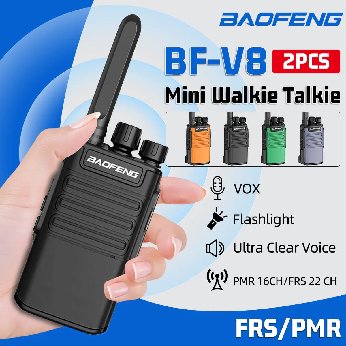 2PCS Baofeng BF-V8 Mini Walkie Talkie PMR/FRS Wireless con Funzione Copia Frequenza, Radio Portatile VOX per Campeggio, Arrampicata e Sport all'Aperto