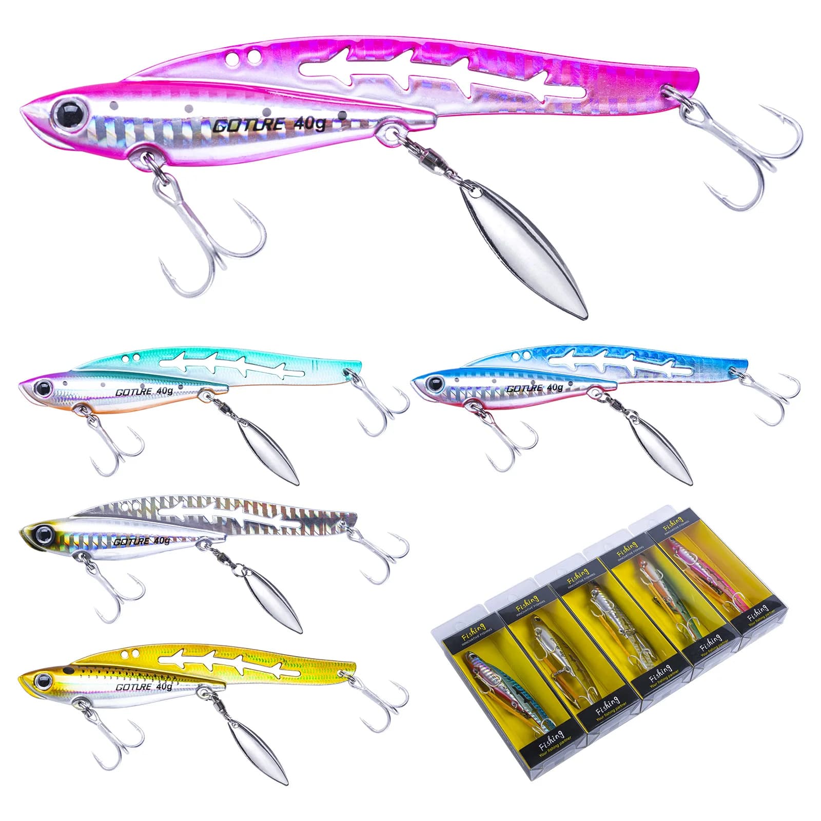 Goture Esche da pesca 5 pezzi Swimbaits VIB in metallo con occhi 3D realistiche Ami tripli affilati Esche Attrezzi da pesca con lama in acciaio inossidabile