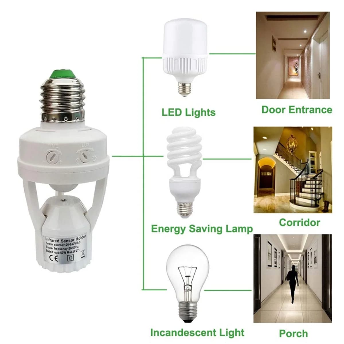 【Coppon nuovo utente】 E27 PIR Sensore di movimento intelligente Interruttore della luce Rivelatore Base Portalampada Ritardo di tempo Regolare la presa della lampadina di controllo
