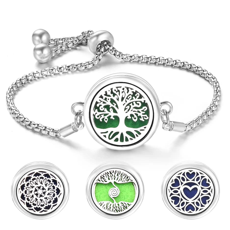 Fashion Tree Of Life Aromaterapia Bracciale Diffusore di oli essenziali Bracciale con medaglione di profumo in acciaio inossidabile Gioielli da donna regolabili