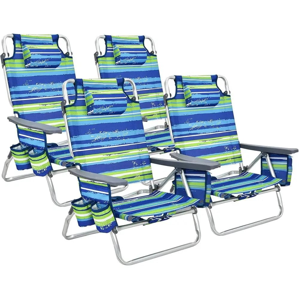 Sedia da Spiaggia Regolabile con Cuscino, Vano Portaoggetti, Porta Asciugamani, Portabicchieri e Zaino per Campeggio all'Aperto