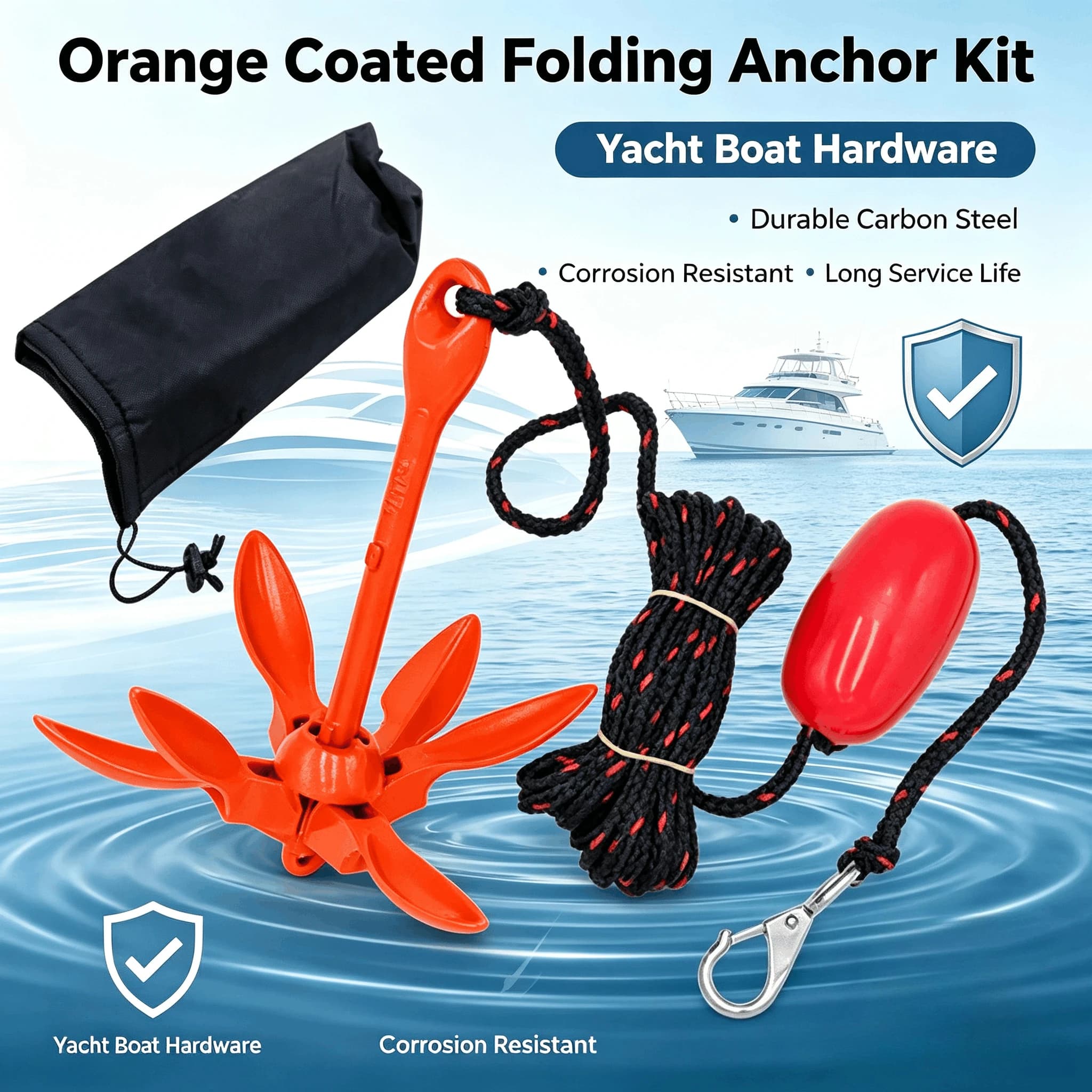 Powder Coated Carbon Steel Folding Anchor, Orange PVC Coated Lotus Anchor, Marine Yacht Boat Hardware Accessory
