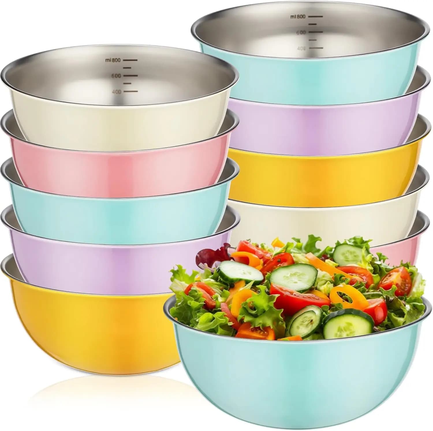 Set di 10 Ciotole in Acciaio Inox da 1 Litro, Contenitori per Insalata con Graduazioni, Riutilizzabili per Cucina e Campeggio