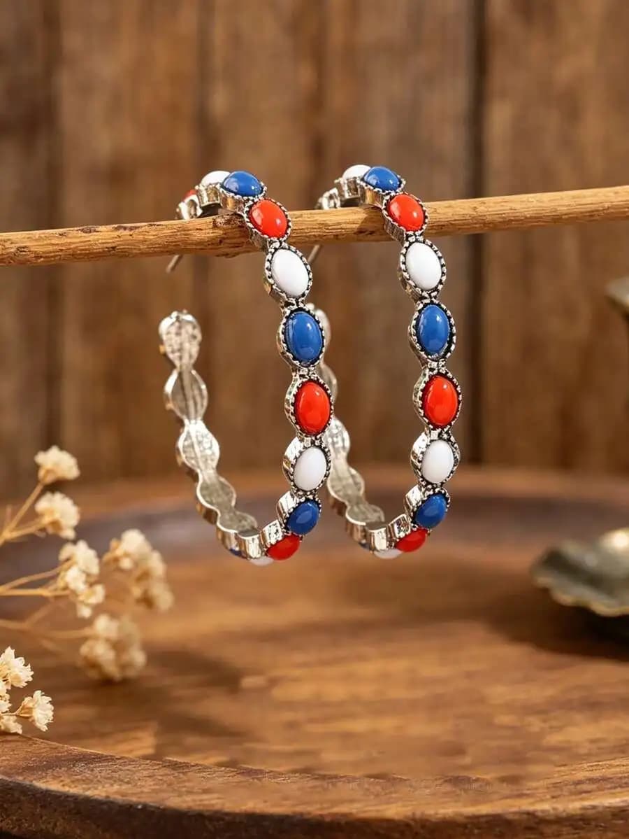 1 Pair Retro Red White Blue Contrast Oval Resin Earrings, American Flag Colors For Independence Day, C-Shaped Earrings