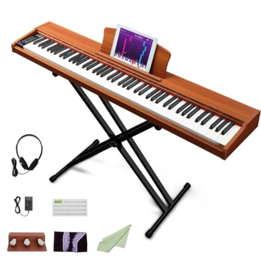 Pianoforte Elettrico a 88 Tasti Semi-Pesati, Tastiera Portatile con Finitura in Legno, Supporto Stabile, 3 Pedali, 2 Ingressi per Cuffie, Bluetooth e MI