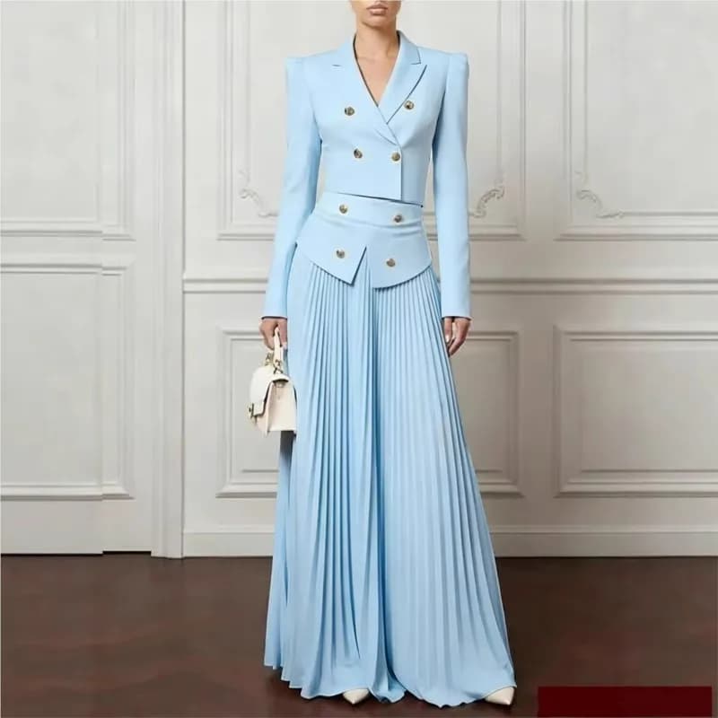 Elegante Completo a 2 Pezzi: Blazer con Bottoni e Gonna Plissettata per Donna, Outfit da Ufficio in Tinta Unita