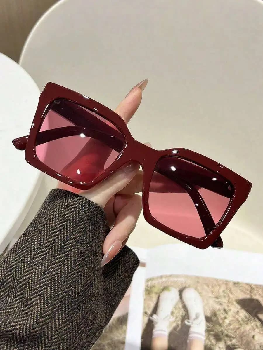 Womens Burgundy Square Frame Fashion Sunglasses For Beach And Casual Wear