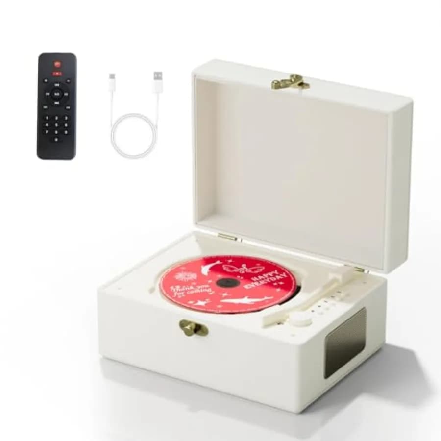 Rechargeable Leather CD Player with Speakers, Bluetooth Transmitter, Festival Gift, BGM Player for Home Decor., White