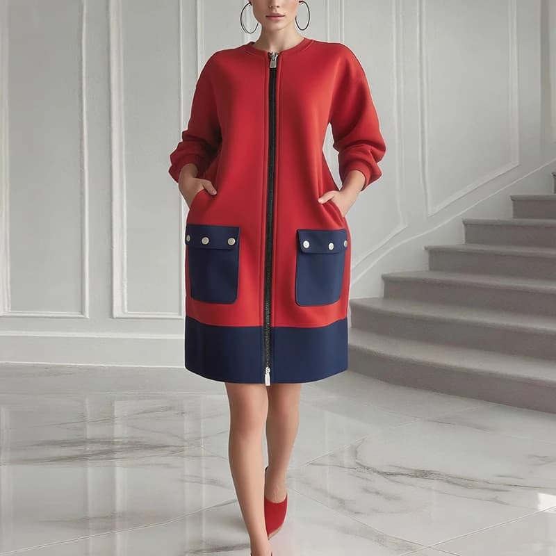 Modigirl Abiti a maniche lunghe in colore a contrasto per donna Inverno Primavera 2025 Nuovo elegante abito casual midi da donna con tasche rosse con cerniera