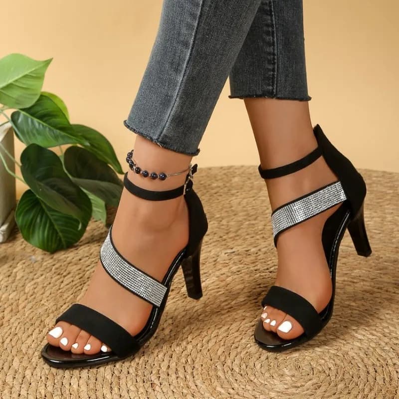 Cool Sequin Stiletto Open Toe Fish Mouth Shoes Summer New Round Toe Open Toe Black Pump Shoes