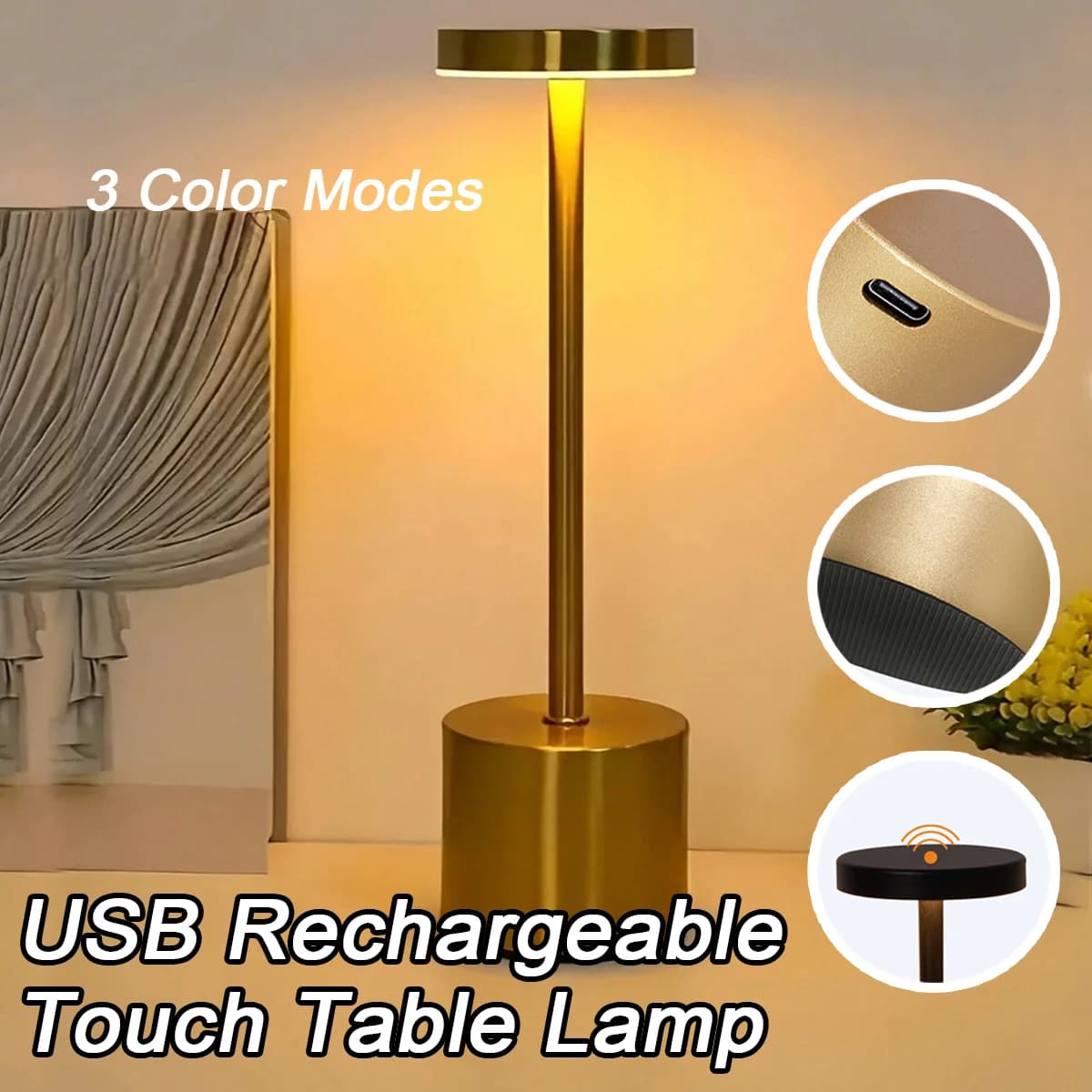 LED Table Lamp USB Rechargeable WirelessTouch Sensor Night Light Gold/Black for Bedroom Bar Dining Aluminum Desk Lighting Fixtur