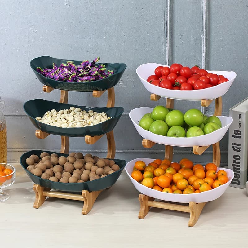 Piatto Creativo in Plastica per Frutta e Snack con Supporto in Legno, Vassoio per Frutta Secca e Caramelle, Alzata per Torte per Casa, Soggiorno e Cucina