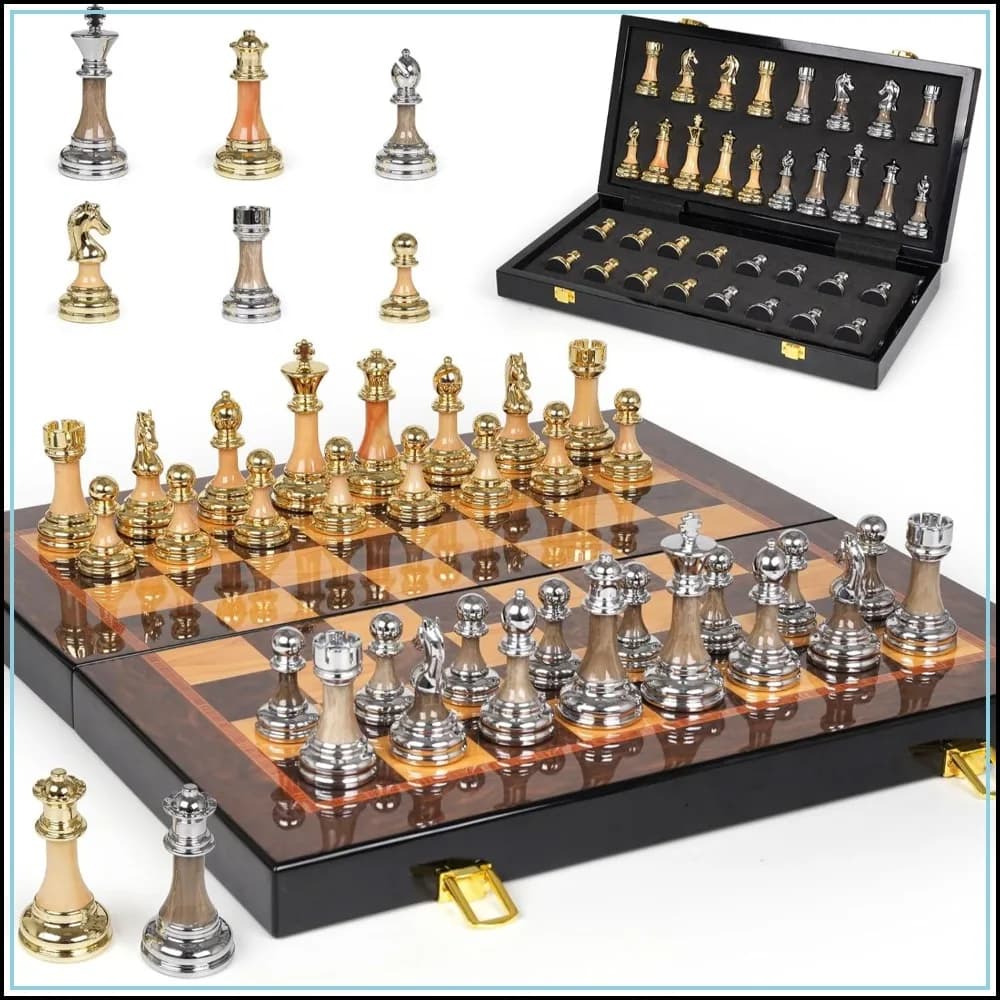Luxury Large Metal & Acrylic Chess Set with Wooden Board (17") - Weighted Pieces, Foldable Tournament Chess for Adults