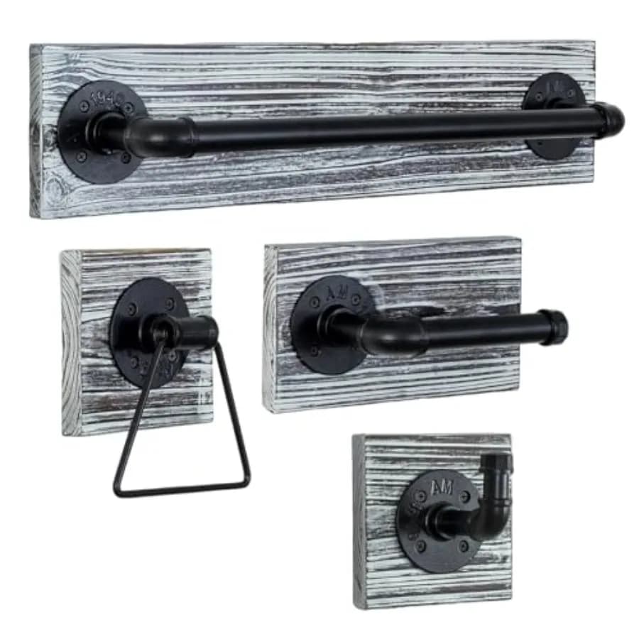 Wall-mounted bathroom hardware set: rustic torched wood and matte black metal, for towel ring, robe hook, toilet paper holder,