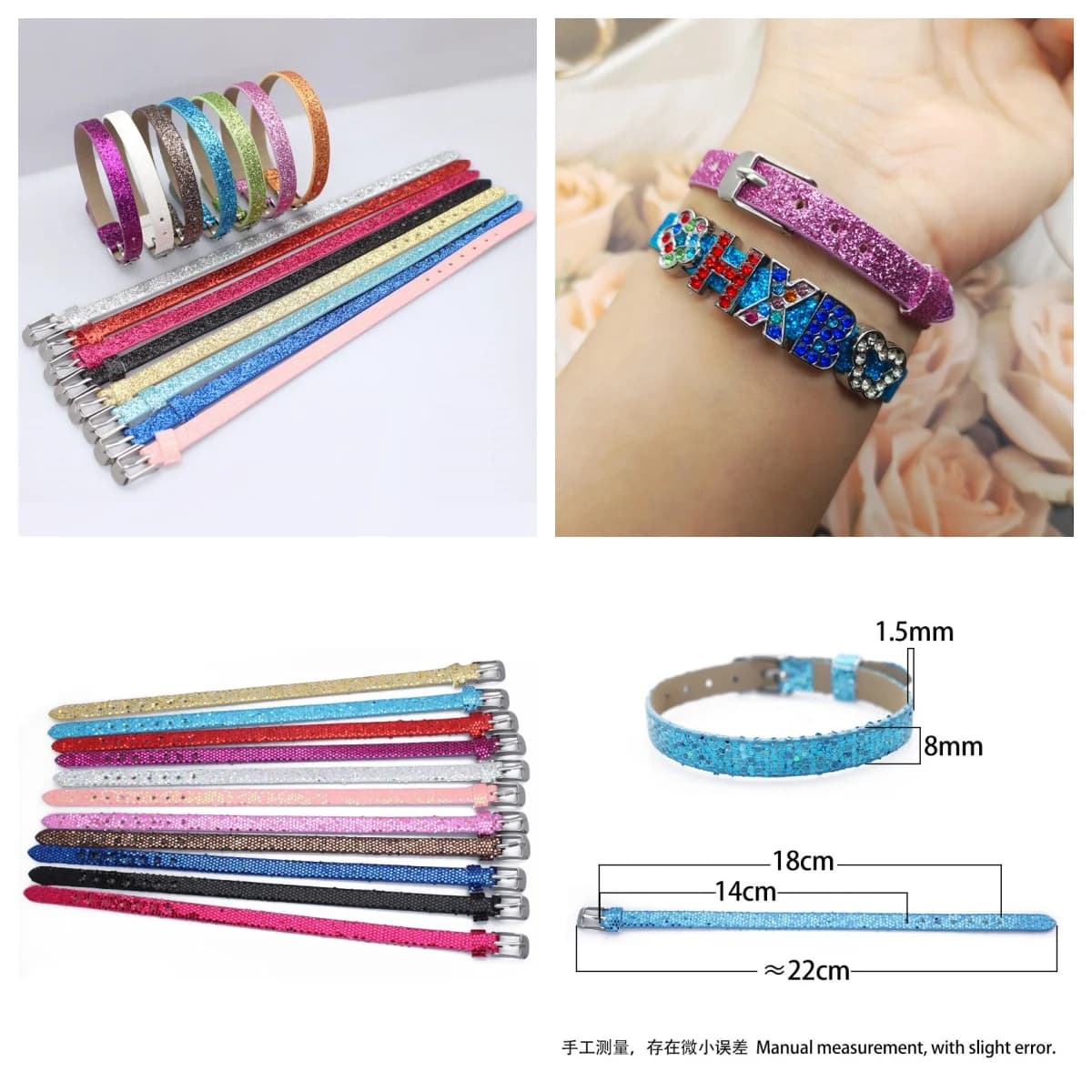 30 pezzi/lotto Braccialetto in pelle PU glitterata larga 8 mm, braccialetto scintillante adatto per la creazione di gioielli con lettere scorrevoli fai da te da 8 mm