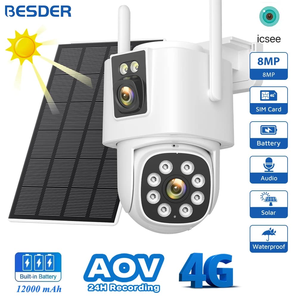 BESDER 4G Telecamera solare Scheda SIM 8MP Doppia lente AOV 24/7 Registrazione video con batteria Rilevamento umano Telecamera IP di sorveglianza CCTV iCSee