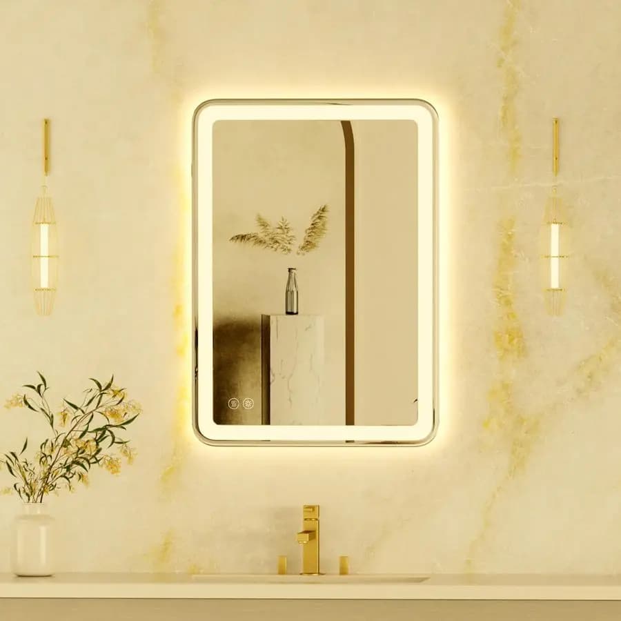 Specchio LED da Bagno con Illuminazione Frontale e Posteriore, Specchio da Bagno Illuminato con Dimmerazione Continua, 3 Colori, Antiappannamento, Smart