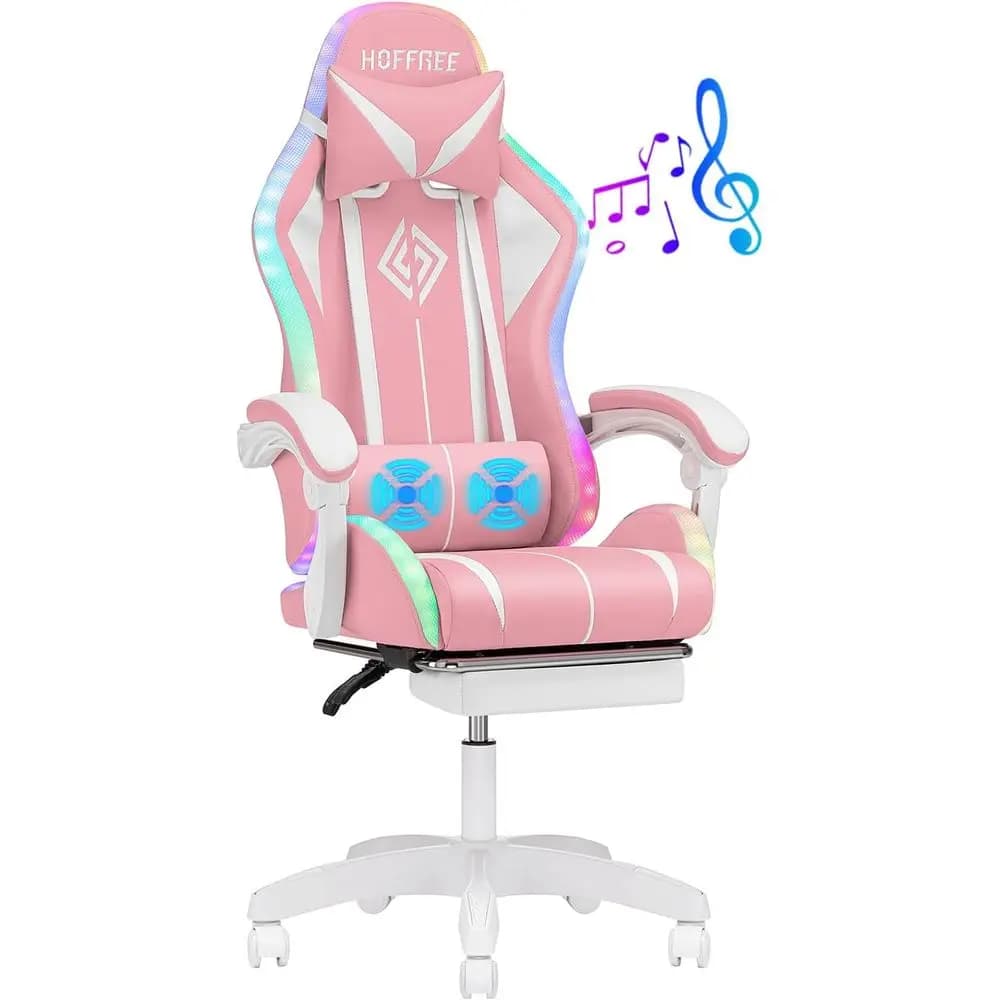 Sedia da Gaming Ergonomica con Schienale Alto, Luci LED RGB, Altoparlanti Bluetooth e Supporto Lombare in Bianco e Rosa