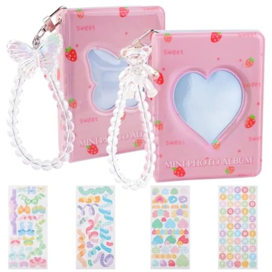 2 Pack Pink 3 Inch Photo Card Album Love Heart Hollow Mini Photo Card Binder 40 Pockets With Stickers Pendant for Collecting