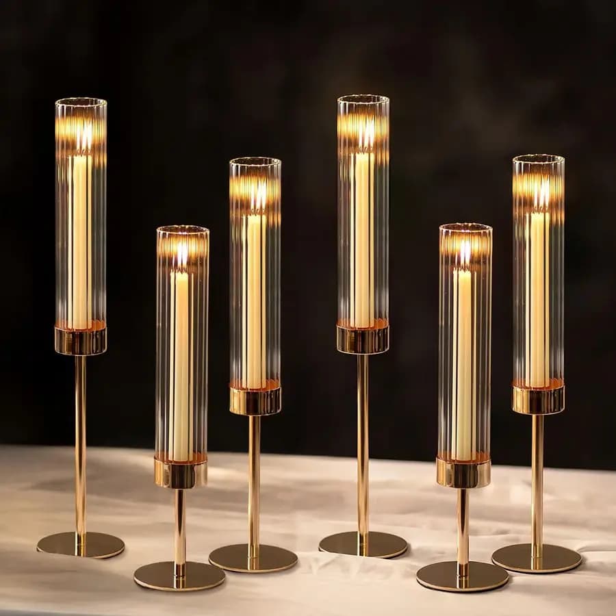 Set di 6 Portacandele Hurricane per Centrotavola, Candelabri Alti con Copertura in Vetro Scanalato, Portacandele Affusolati