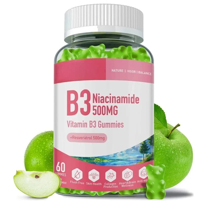 500 mg niacinamide gumella, vitamin B3 supplement, containing 500 mg resveratrol, antioxidant, immune support, apple flavor
