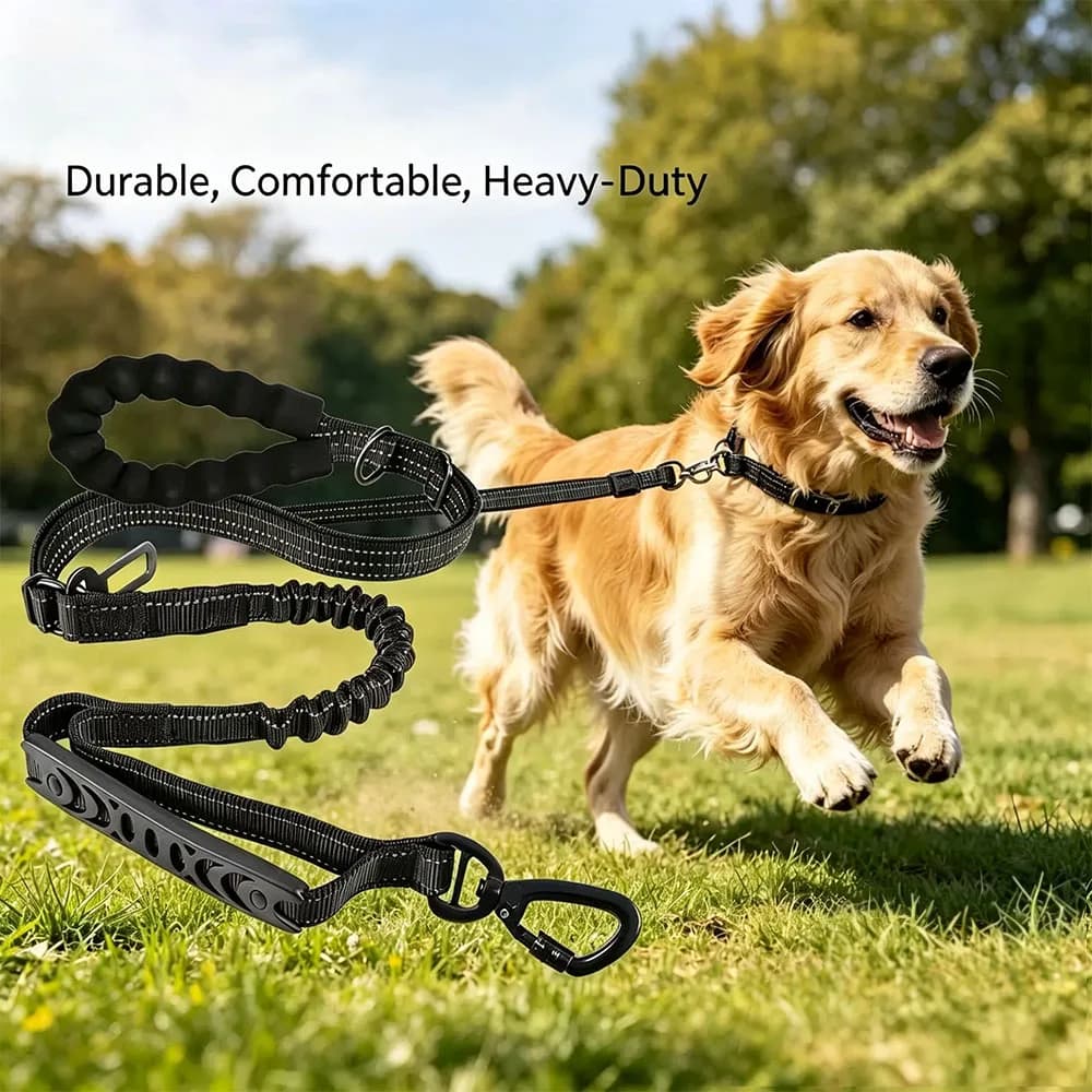 Heavy Duty Tactical Dog Leash for Medium Large Dogs Strong Bungee No Pull Dog Leash with Car Seatbelt and Padded Double Handle