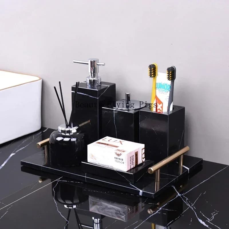 Marquina nera Accessori per il bagno in marmo naturale Lusso Nero Margiua Dispenser di sapone Tazza Tazza Scatola per fazzoletti Bagno Articoli da toeletta