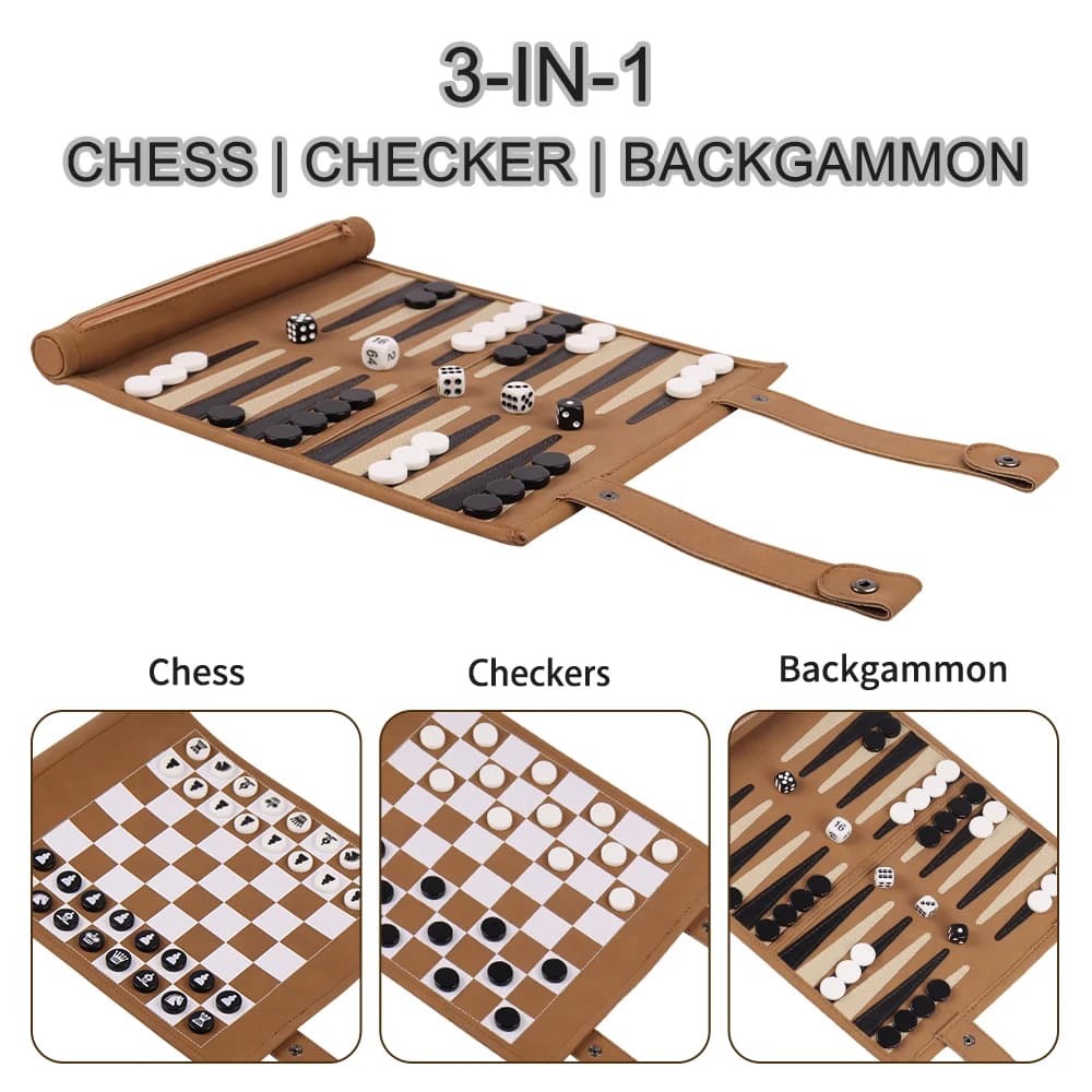 3-in-1 Roll-Up PU Leather Board Game Set Backgammon Chess Checkers Portable Travel Game with Storage Bag
