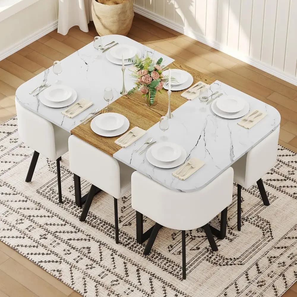 7-Piece Dining Set, 6-Seat Table with Cushioned Chairs, White Kitchen Table for Home, Office, Conference Room, Space-Saving Desi