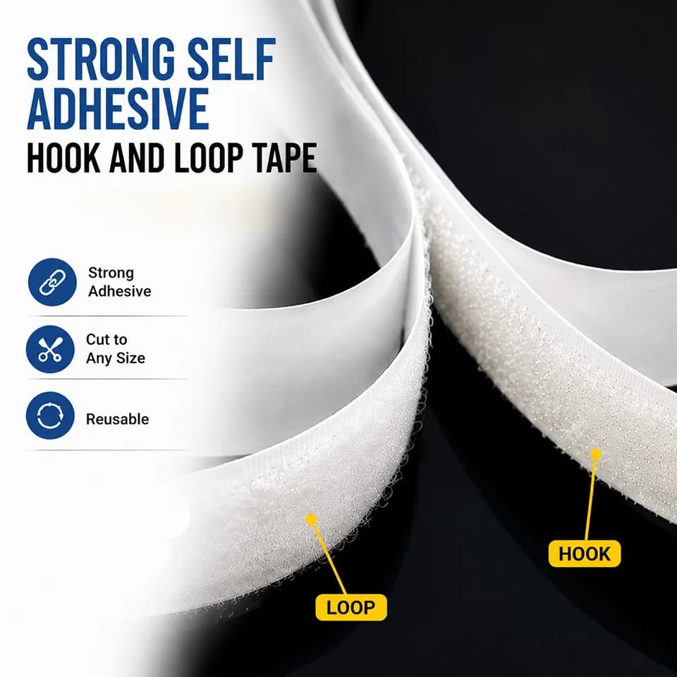 White Self Adhesive Hook and Loop Tape Heavy Duty Strong Sticky Back Double Sided Fastener Roll DIY Home Office Strip 1-25meter
