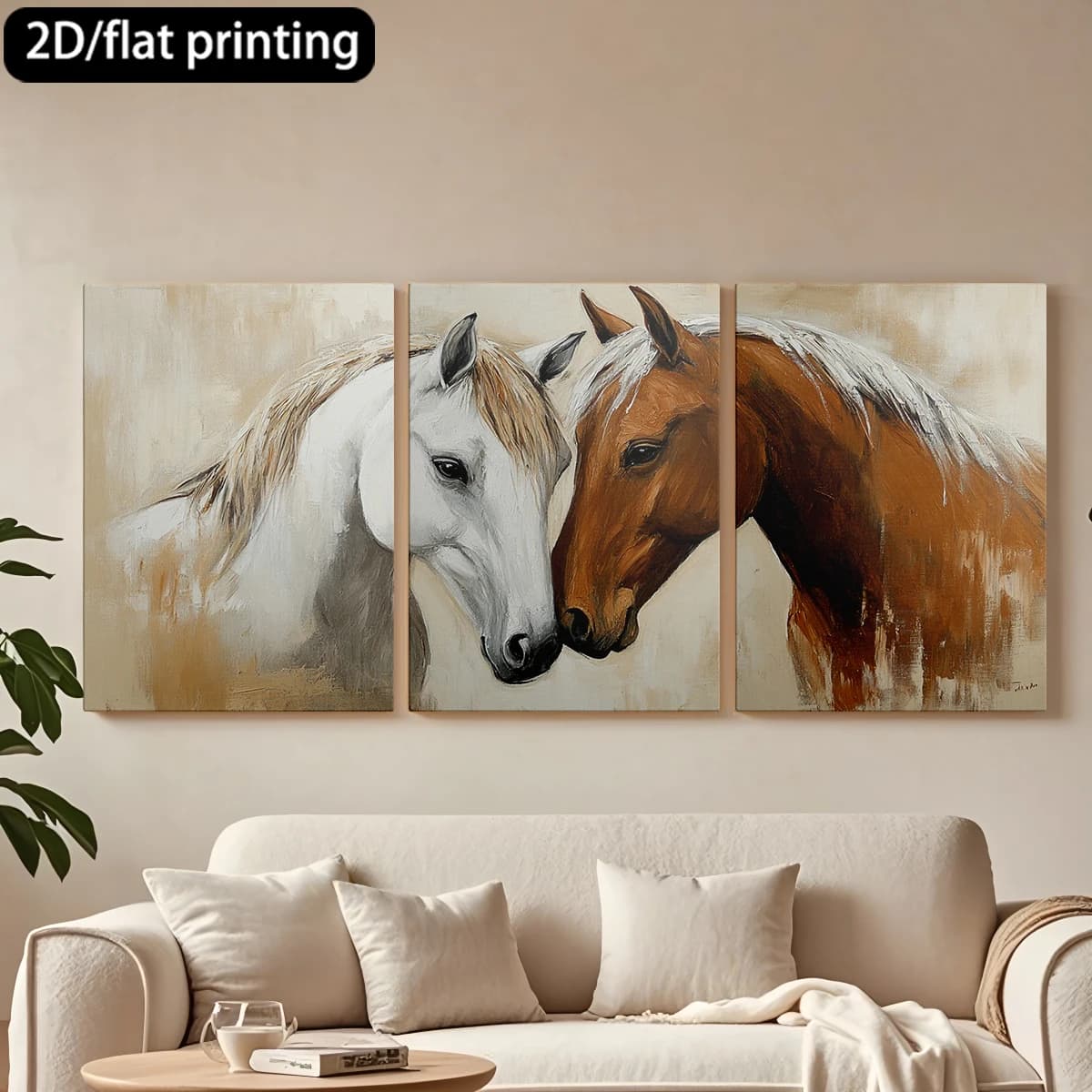Decorative painting on canvas with wooden frame, 3 pieces. Two horses, white and brown, in the foreground. Tende per camera da letto ikea.