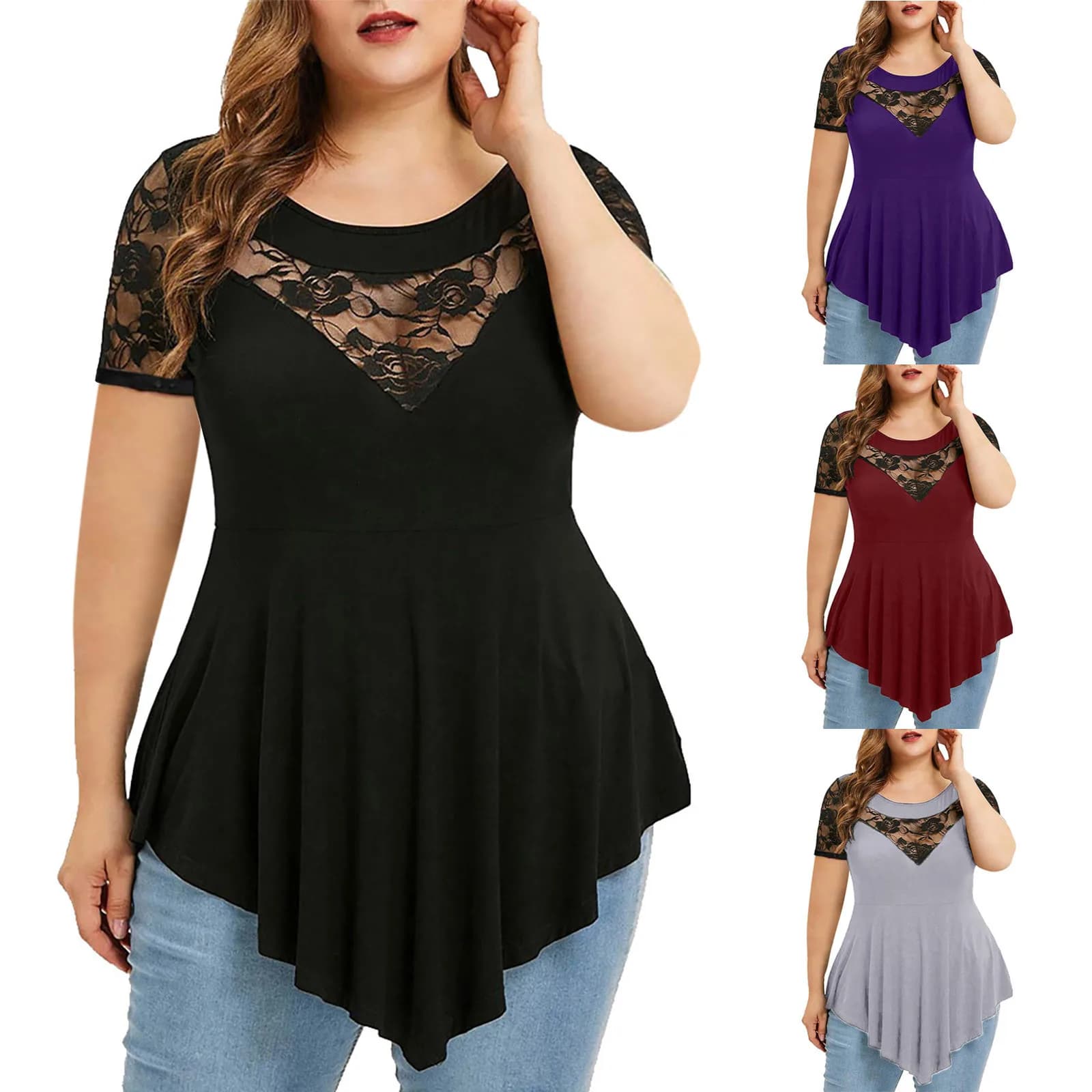 New Plus Size Women's Great Flower Lace Sleeves Corta Sexy Hole Irregular Crew Neck Women's Top T-Shirt Pullover