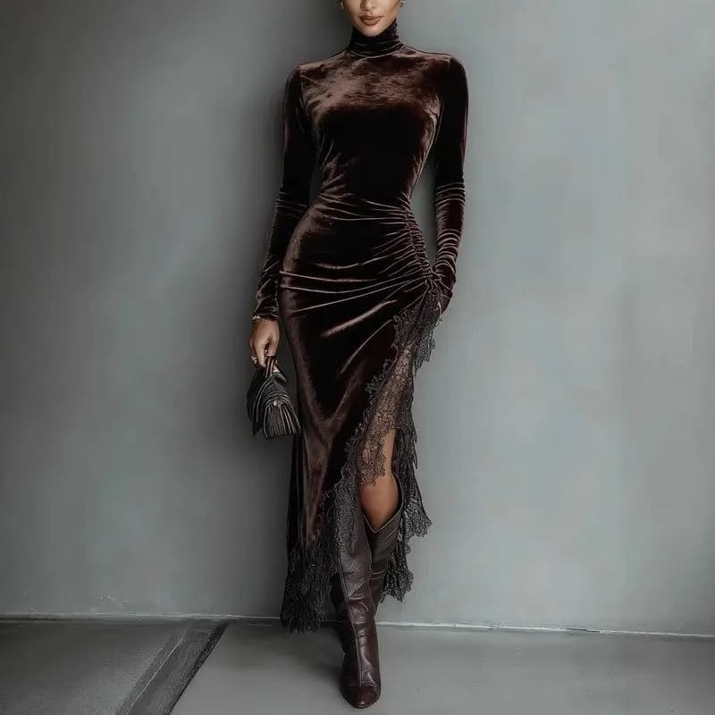 Velvet Backless Long Sleeve High Collar Women's Dress City Commute High Waist Gored Skirt Regular Sleeve Polyester Fiber