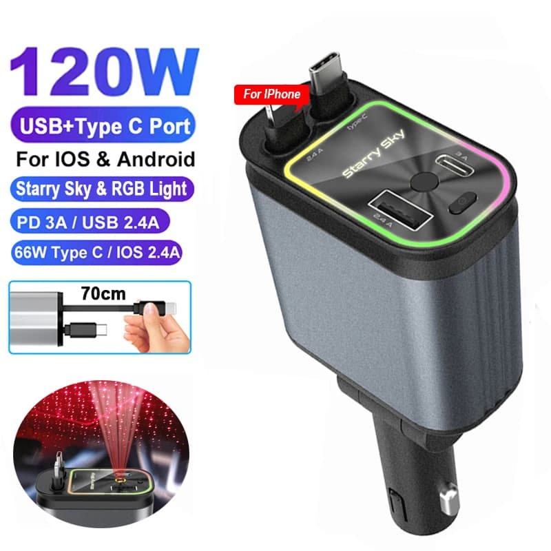 Caricabatteria da auto retrattile 4 in 1 da 120 W con cavo USB C Lightning Starlight nel tetto automatico Ricarica rapida per telefoni IPhone Samsung