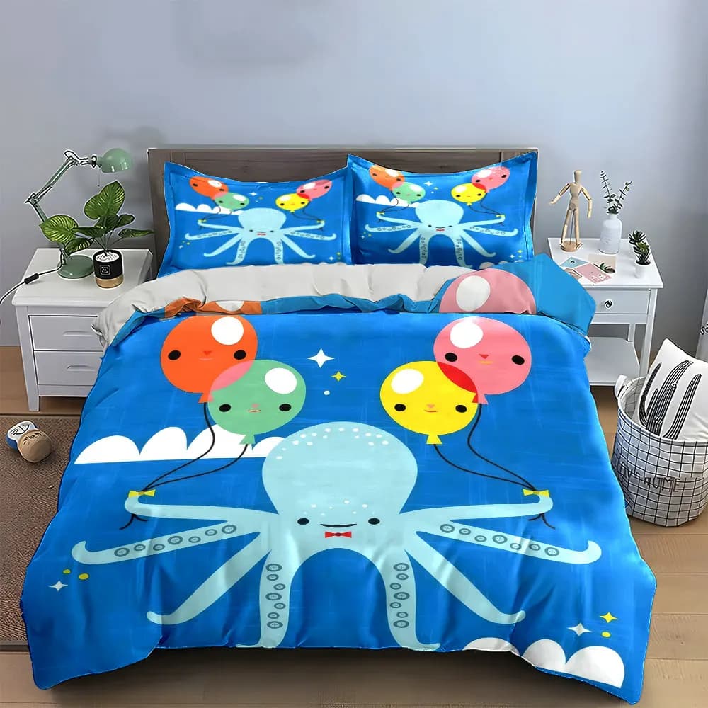 Set di biancheria da letto morbido e delicato sulla pelle con motivo polpo dei cartoni animati, include 1 copripiumino e 2 federe, idea regalo