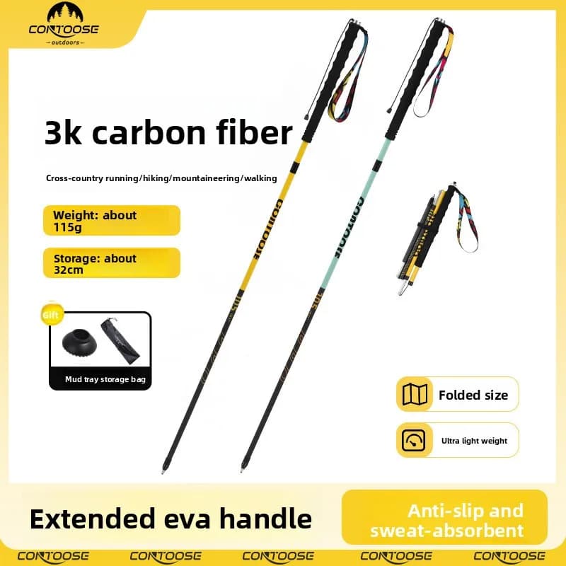 4K Carbon Fiber Folding Trekking Pole 105-125cm Adjustable Ultralight Hiking Stick with EVA Grip for Trail Running Travel