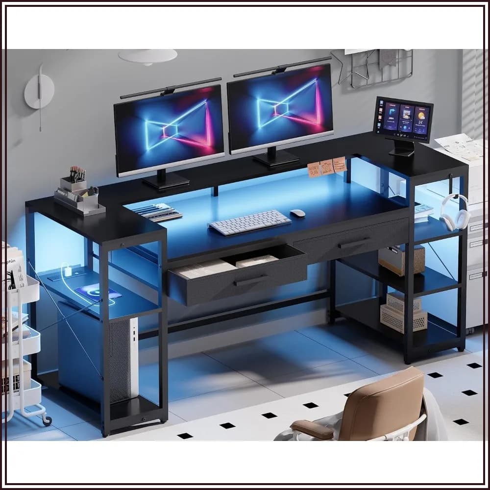 58 Inch Gaming Desk with Monitor Stand, Shelves, LED Lights & Power Outlets, PC Vanity Table with 2 Drawers for Home Office, Black